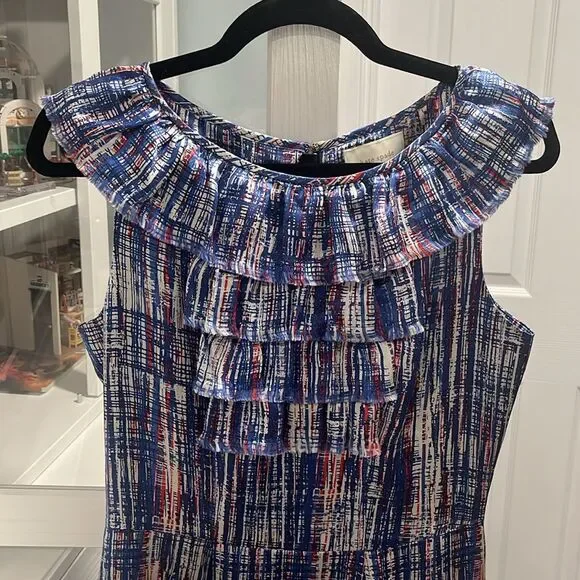 KATE SPADE Silk Shift Dress Ruffle Neckline Multicolor Sleeveless, Size 6 - Picture 2 of 11